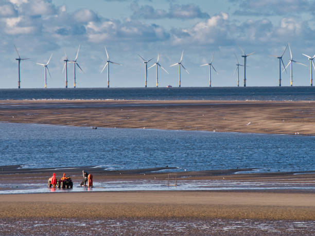 raccoglitori di cockle da new brighton nell'estuario del mersey. - farm scenics landscape alternative energy foto e immagini stock