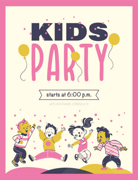 Kids party flayer template with happy little boys and girls characters. Kids party flayer template with happy little boys and girls characters. Text place, invitation design, card, banner, poster, voucher. Hand drawn style. Vector illustration. fete stock illustrations