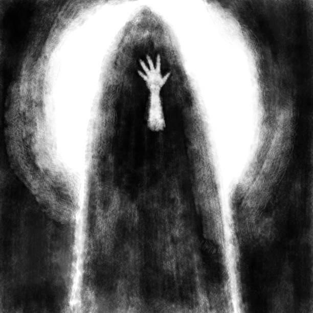 istock A terrible creature with arms raised emerged from the darkness. Black and white illustration. 1186712468