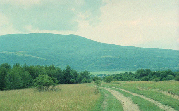 istock Road through the field with mountain on backview 1186716174