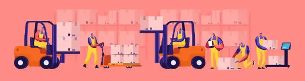 Vector illustration of Warehouse Workers Loading, Stacking Goods with Electric Hand Lifters and Forklift Truck. Weigh Cargo on Floor Scales. Industrial Logistics and Merchandising Business Cartoon Flat Vector Illustration