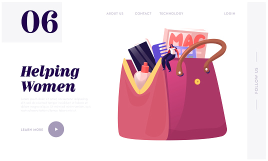 Tiny Woman Sitting on Huge Female Cosmetician Bag Full of Different Things and Belongings as Mobile Phone, Cosmetics and Magazine Website Landing Page, Web Page Banner Cartoon Flat Vector Illustration