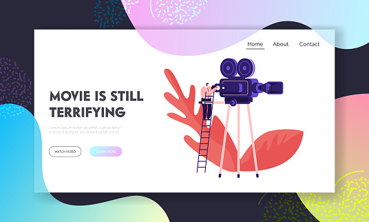 Moviemaking Studio Process Website Landing Page. Video Operator Stand on Ladder at Huge Camera. Entertainment Industry Staff at Work, Cinematograph Web Page Banner. Cartoon Flat Vector Illustration