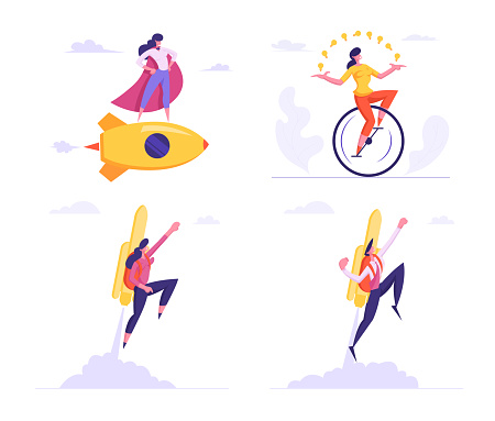 Set Female Super Employee with Arms Akimbo Flying on Golden Rocket and Riding Monocycle Juggling Light Bulbs. Business Success, Leadership, Professionalism Concept Cartoon Flat Vector Illustration