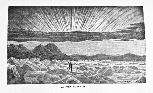 Aurora Borealis, Black and White Engraving with ancient figure on ice .  Mountains and artic ice and phenomenon depicted, polar seas at northern day break. Title shown as Aurora Borealis