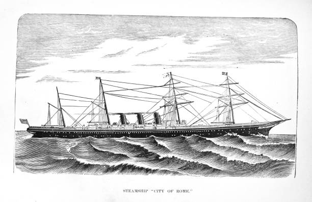 black and white ancient engraving of the steam ship at sea. Labelled