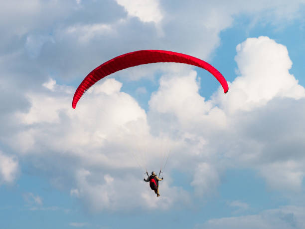 istock Paraglider is flying in the blue sky. 1186720289