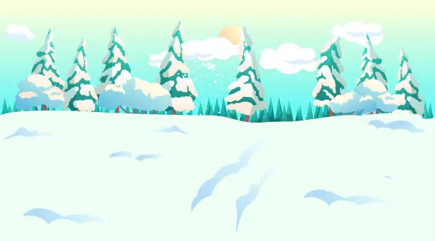Vector illustration of Snowy forest with spruce trees cartoon landscape