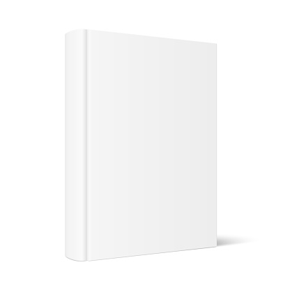 Vector mock up of standing book with white blank cover isolated. Closed vertical hardcover book, catalog or magazine mockup on white background. 3d illustration. Diminishing perspective.