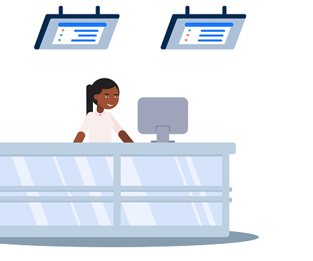 Afro-American woman sitting at reception desk and working. Friendly smiling lady typing on computer keyboard. Female manager cartoon character. Financial consulting. Service. Vector flat illustration
