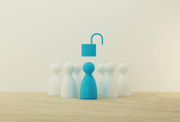 blue people model with key unlock outstanding out from the crowd. human resource, talent management, successful business team leader concept. - individuality standing out from the crowd contrasts competition imagens e fotografias de stock