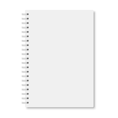 White realistic a5 notebook closed with soft shadows. Vector vertical blank copybook with metallic white spiral on white background. Mock up of organizer or diary isolated.
