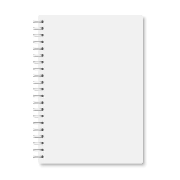 White realistic a5 notebook closed with shadows White realistic a5 notebook closed with soft shadows. Vector vertical blank copybook with metallic white spiral on white background. Mock up of organizer or diary isolated. report templates stock illustrations