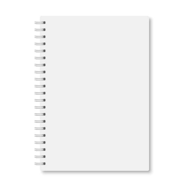 White realistic a5 notebook closed with shadows White realistic a5 notebook closed with soft shadows. Vector vertical blank copybook with metallic white spiral on white background. Mock up of organizer or diary isolated. Spiral stock illustrations