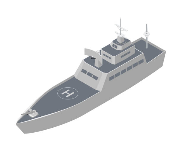 Military warship isometric vector illustration Military warship isometric vector illustration. Naval combat ship clipart on white background. Water transportation. Army nautical battleship, armed frigate. War metal vessel, navy design element frigate stock illustrations