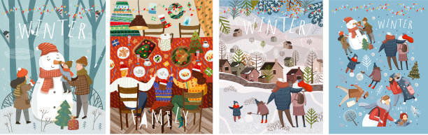 ilustraciones, imágenes clip art, dibujos animados e iconos de stock de feliz familia en invierno. ilustraciones vectoriales de madre, padre e hijo en la calle haciendo un moñique en casa en la mesa festiva de navidad y año nuevo y caminando para dar un paseo por la naturaleza. - child art people contemporary