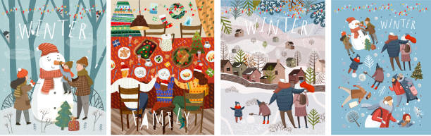 szczęśliwa rodzina w zimie. wektorowe ilustracje matki, ojca i dziecka na ulicy robiąc bałwana w domu przy świątecznym stole bożonarodzeniowym i noworocznym i chodząc na spacer na rodziejską. - christmas design christmas tree paintings stock illustrations