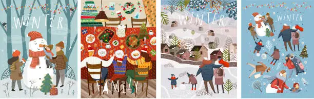 Vector illustration of Happy family in the winter. Vector illustrations of mother, father and child on the street making a snowman at home at the festive Christmas and New Year table and walking for a walk in nature.