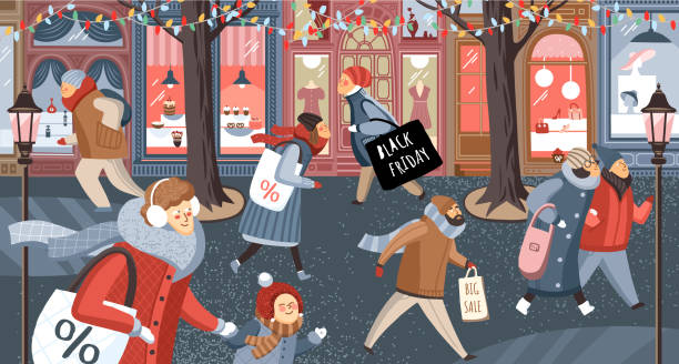 Black Friday! Vector cute illustration of people on the street in the city and families shopping at the store, at the market for sales. Drawing for banner, background or poster. Black Friday! Vector cute illustration of people on the street in the city and families shopping at the store, at the market for sales. Drawing for banner, background or poster. black friday shopping event illustrations stock illustrations