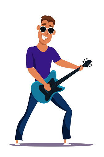 Guitar player flat vector character. Young cool male guitarist performance isolated clipart on white background. Happy guitarist with string electrical musical instrument cartoon design element