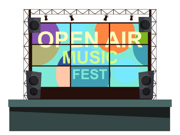 stockillustraties, clipart, cartoons en iconen met podium met groot scherm voor openlucht muziekfestival - live evenement illustraties