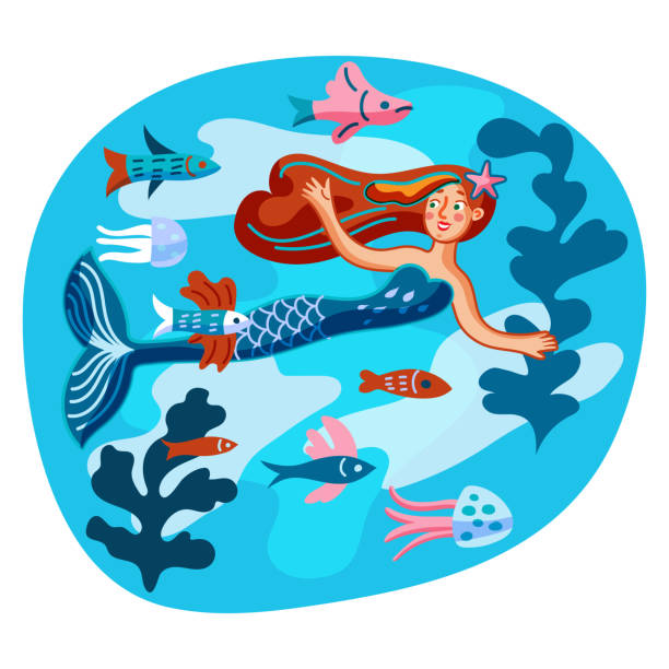 Mermaid swimming with fish flat illustration Mermaid swimming with fish flat illustration. Underwater fantasy creature isolated design element. Magical princess with fishtail swimming cartoon character. Marine animals and seaweed under water mermaid dress stock illustrations