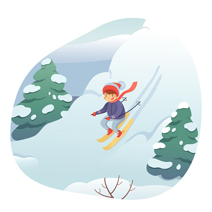 Little child skiing flat vector illustration. Smiling kid in warm clothes cartoon character. Happy childhood activity, winter holidays. Active outdoor pastime, sports leisure, seasonal recreation
