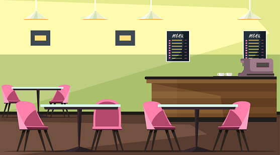 Empty Cafe Room With Tables Chairs Bar Counter Stock Illustration -  Download Image Now - Restaurant, Indoors, Coffee Shop - iStock
