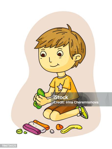 Cute Smiling Little Boy Making Plasticine Figures Stock Illustration -  Download Image Now - Child's Play Clay, Clay, Artist's Model - iStock