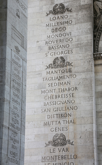 Paris, France - August 19, 2018: Name of Place of battle and war of Napoleon in french language