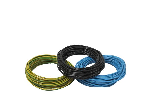 istock Close up view of black, blue, yellow and green power electrical cables. Wire bundle isolated. 1186727799