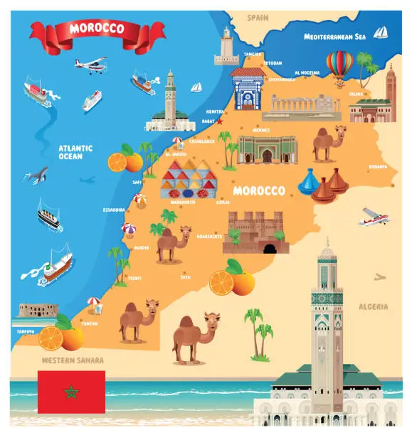 Vector illustration of Morocco Travel Map, Casablanca, Rabat, Fes, Sale, Marrakesh, Agadir, Tangier, Meknes, Oujda-Angad, Al Hoceima, Kenitra, Tetouan, Temara, Safi, Mohammedia, Khouribga, Beni Mellal, Fes al Bali, El Jadid, Taza, Nador, Settat, LabirE