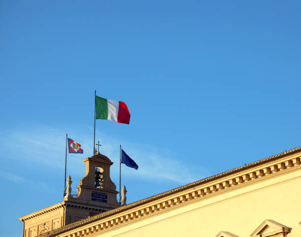 Rome, RM, Italy - March 3, 2019:Italian and european Flags in the Quirinale Palace, the  headquarters of the President of the Italian Republic