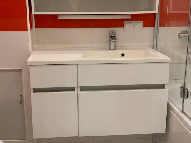 istock stylish bathroom with red-white tiles 1186731037
