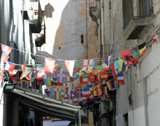 Naples Neigborhood called Quartieri Spagnoli with many flags in Italy