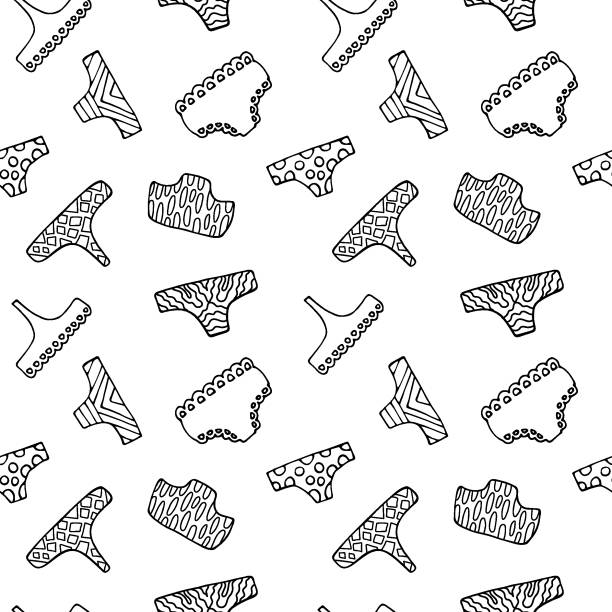 Seamless pattern of various cute panties drawn in doodle style. Various styles of women s panties. Female underwear collection. Linear vector isolated drawing. Trendy fashion illustration. Wallpaper Seamless pattern of various cute panties drawn in doodle style. Various styles of women s panties. Female underwear collection. Linear vector isolated drawing. Trendy fashion illustration. Wallpaper. polka dot bathing suit stock illustrations