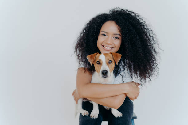 люди, животные или концепции ухода за домашними животными. кудрявая женщина обнимает любимую собаку, приятно улыбается, стоит на белом фоне - pets happiness white black стоковы�е фото и изображения