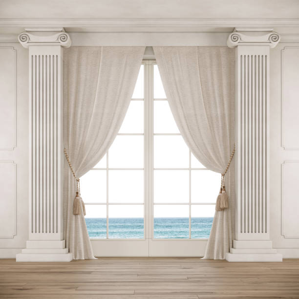 camera in stile classico con grande finestra, tende e colonne. - window arch white indoors foto e immagini stock