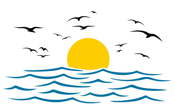 ilustraciones, imágenes clip art, dibujos animados e iconos de stock de paisaje marino, mar azul y sol, ola, signo de verano con gaviotas - vector de stock - river wave symbol sun