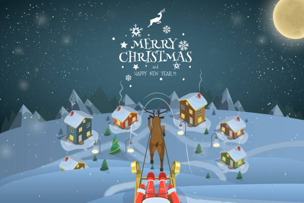 istock Christmas Evening Landscape Vector Illustration. Santa is Flying Over a Villige. 1186741262