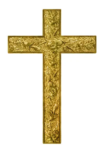 Religion golden cross against white background