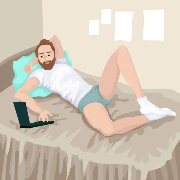 Vector illustration of The guy with the laptop lies in a bed. Vector color illustration of the character