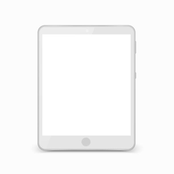 weißes tablet mit weißem bildschirm neue version in trendigen dünnen rahmen - vektor - leerer schreibtisch stock-grafiken, -clipart, -cartoons und -symbole