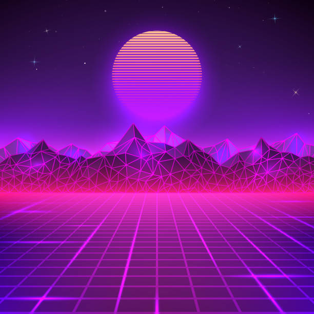 istock Retro landscape in purple colors. Futuristic planet neon mountains and sunset background. Sci-fi abstract geometric landscape. Vector illustration 1186752053
