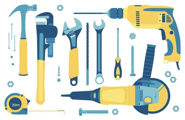 Vector illustration of Set of tools for construction and repair in flat style. Vector illustration.