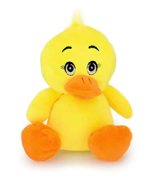 Duck plushie doll isolated on white background with shadow reflection. Duckling plush stuffed puppet on white backdrop. Yellow soft plush flapper toy.