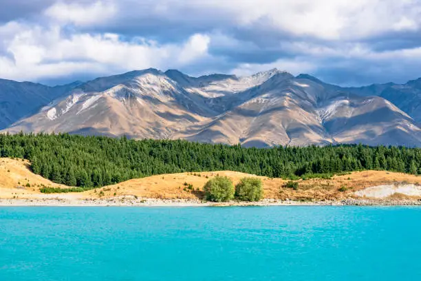 Photo of Lake Pukaki with the Southern Alps in the Mackenzie District in the Canterbury region of the South Island of New Zealand
