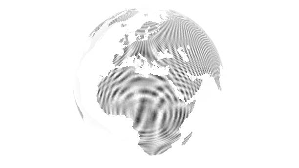 3D render: Transparent earth with landmass made from black dots. Oceans transparent. This view showing Europe and Africa. 3D render: Transparent earth with landmass made from black dots. Oceans transparent. This view showing Europe and Africa. landmass stock pictures, royalty-free photos & images