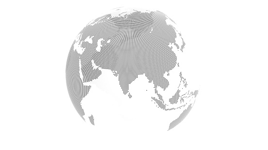 3D render: Transparent earth with landmass made from black dots. Oceans transparent. This view showing Asia.