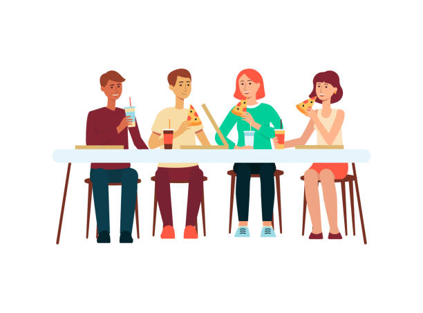 gruppe von menschen essen pizza im restaurant flache vektor illustration isoliert. - dinner party dinner party lunch stock-grafiken, -clipart, -cartoons und -symbole